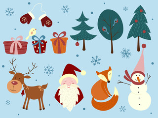 Vector set of holiday icons: gift, fox, santa claus, deer, mittens, snowman. Childrens illustrations for Christmas. Winter postcard. Happy New Year.