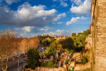 Obraz premium Winter view of Capitoline Hill monuments and Rome historic center skyline from Aventine Hill panoramic terraces