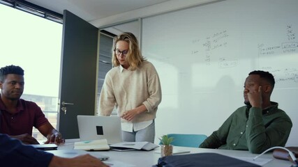 Caucasian businesswoman presenting ideas fr upcoming assignment talking in front of diverse colleagues - Powered by Adobe