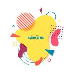 Abstract geometric shapes in cut paper style. Creative flyer Memphis 80s 90s retro element layered bubbles cut out of cardboard. Modern vector banner template with liquid color wavy splash.