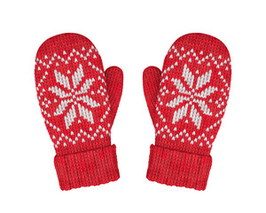 Red wool mittens with isolated pattern on white background, 3D render