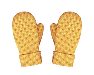 Gold woolen mittens isolated on white background, 3D render