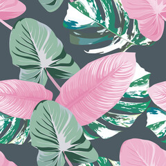 Print summer trendy exotic abstract pink color tropical leaves with green marble monstera leaf seamless vector pattern on gray background. Contemporary tropic creative wallpaper