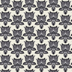Print summer trendy exotic abstract grayscale color symmetric lotus flowers seamless vector pattern on white background. Contemporary tropic creative wallpaper