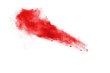 Freeze motion of red color powder exploding on white background. 