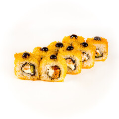 Japanese rolls on a plate and soy sauce isolated on a white background close-up. horizontal photo.