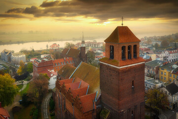 Aerial landscape of hazy Tczew city over the Vistula river, Poland.