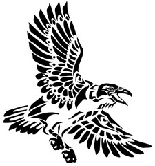 A raven in flight. Flying large bird. Hand drawn crow.  American native indians totem style vector illustration. Black and white tattoo