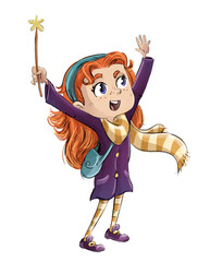 Witch girl with wand doing magic © cirodelia