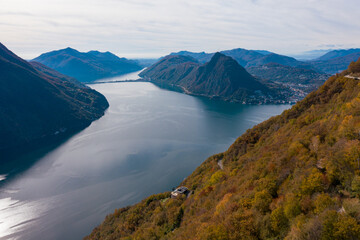 Aerial view of Lugano lake and the Monte Brè in Canton Ticino