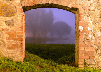 fog landscape, old stone wall in the dark, autumn mist in the park, autumn landscape