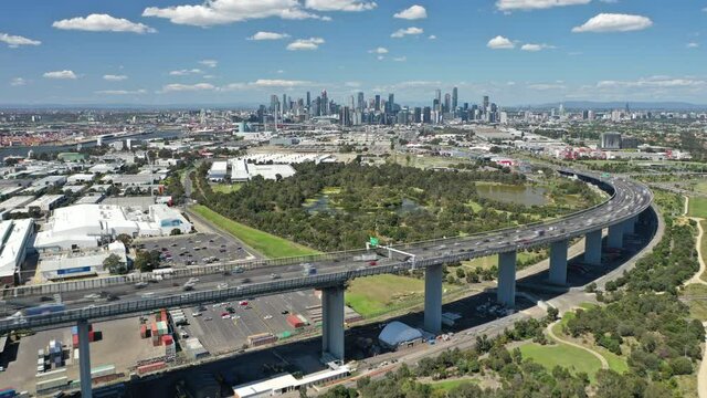 Aerial hyperlapse video of highway connected to Melbourne CBD in Australia