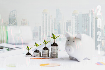 Piggy and the tree growing. 2021 New year on growing up money coin stack for investment.  Economic...