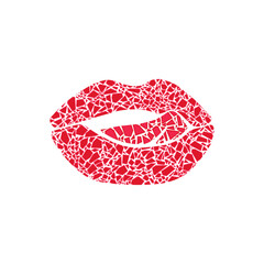 Parted red chapped lips with tongue. Modern abstract vector illustration isolated on white background.
