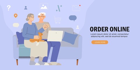 Old people use internet. Modern senior people with laptop. Oldster computer education. Progressive grandparants use notebook to order, pay or buy online. Elderly couple learning to use PC.