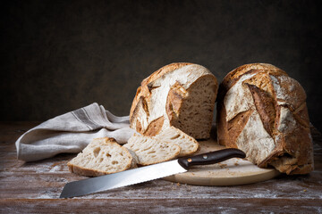 Traditional bread cut into slices, space for text.