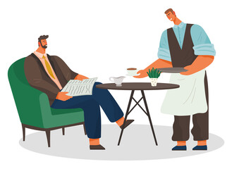 Barista or waiter bring cup with coffee for man. Businessman drinking beverage on lunch and reading newspaper. Guy sit on armchair by table. Place for relax and work in cafeteria. Vector illustration