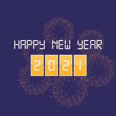 Happy New Year 2021 vector with fireworks, city, balloon and text design.