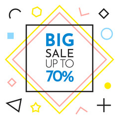 Trendy abstract geometric bubble hot sale. New arrival, big sale and special offer. Black friday up to. Big discount. Vivid banner retro poster design style. Vintage colors and shapes in memphis style