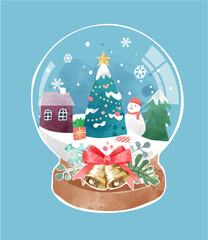 Cute Crystal Ball with Christmas Tree and Snow Town Illustration