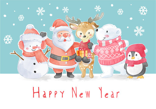 New Year Slogan with Christmas Crews Characters  Illustration
