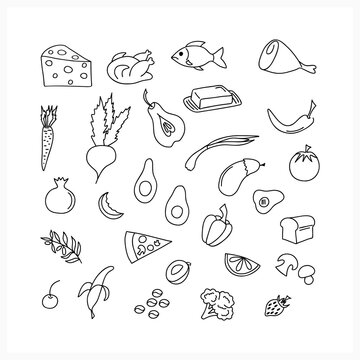 Doodle food set icon isolated on white. Hand drawind line art. Sketch vector stock illustration. EPS 10