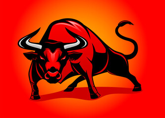 Angry red bull icon on a red background.