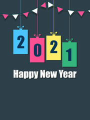 Happy New Year 2021 vector with fireworks, city, balloon and text design.