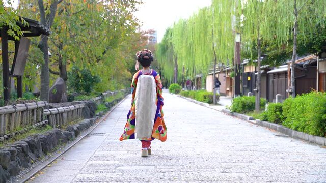 舞妓　歩く　京都　祇園　後ろ姿　