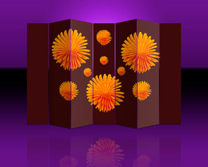 Abstract orange sphere with tentacles on a dark mirrored background. Abstract image of repeating shapes.