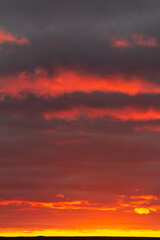 Wonderful November sunset with bright red-pink clouds on a dark gray-blue sky