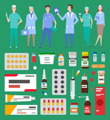 Medication pharmacy, hospital set of medicines in various forms. Medication, pharmaceutics concept. Nurses and doctors. Set of tablets, blister, spray, syrup, syringe, injection for sickness treatment