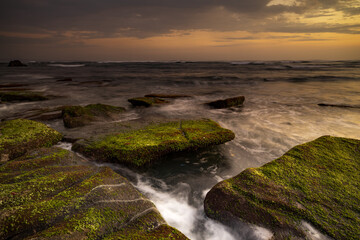 Calm ocean long exposure. Stones covered by green moss in mysterious mist of the sea waves. Concept of nature background. Sunset scenery background. Mengening beach, Bali, Indonesia.
