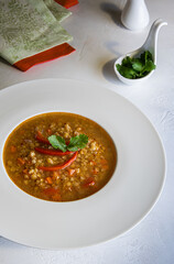 Fresh vegan lentil soup served in white plate