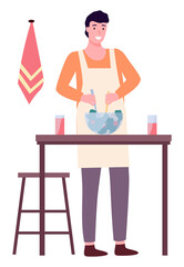 Young man cooking salad in the kitchen. Household activity, housekeeping, everyday duties and chores. Man in a kitchen apron stands near the table and prevents salad in a bowl vector illustration