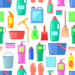 Obraz premium Group of bottles of household chemicals, supplies and cleaning, tools and containers for cleaning. Icons set of multicolored plastic flasks from chemical detergents, mops, buckets, basins, brushes