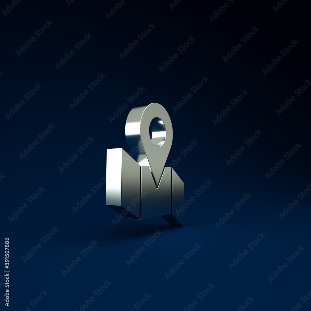 Sticker silver folded map with location marker icon isolated on blue background. minimalism concept. 3d illu