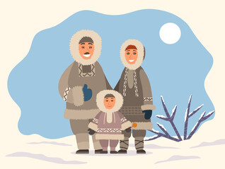 Eskimo family mother, father and son standing together on snowy landscape. Smiling parents hugging little boy outdoor. Happy arctic people wearing traditional warm clothes for cold climate vector © robu_s