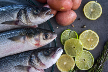 Fresh ingredients top view photo. Trout fish with potatoes, lemon slices and rosemary on gray table. 