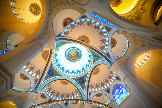 Istanbul, Turkey - 16 July, 2019: Interior and dome of Camlica Mosque. The new mosque and the biggest in Istanbul. Located on the beautiful Buyuk Camlica Tepesi hill