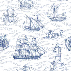 Old caravel, vintage sailboat. Hand drawn vector sketch. Detail of the old geographical maps of sea. Vector seamless pattern