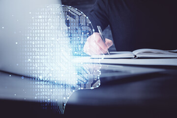 Brain multi exposure icon with man hands background.