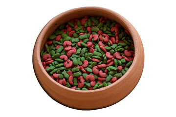 Meal for dog or cat, dry kibble food isolated on white background.