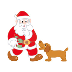 プレゼントを持ってきたサンタクロースと犬