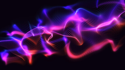 Abstract techy background illustration. Glowing wavy line particles with beautiful bokeh effect. Creative 3d design concept art