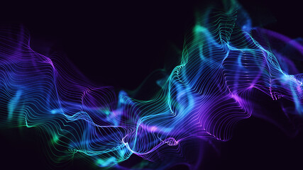 Glowing dynamic techno waves background wallpaper. Multi-colours line particles with beautiful bokeh. Digital 3d perspective illustration concept art