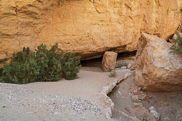 the entrance to the nekarot cave in nahal nekarot in the makhtesh ramon crater in israel is nearly hidden from trekkers by bushes and boulders