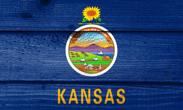 kansas flag painted on old wood plank background. Brushed natural light knotted wooden board texture. Wooden texture background flag of kansas