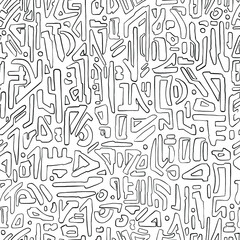 Alien hieroglyph seamless pattern. Black and white doodle style vector illustration pattern for surface, t shirt design, print, poster, icon, web, graphic designs. 