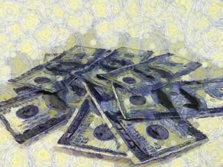 Multiple dollar bills Illustrations creates an impressionist style of painting.